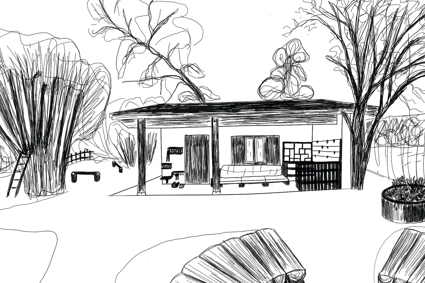 Dessin de la zone humide Faire bleu avec la cabane du site